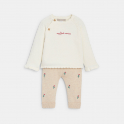 Obaibi Pull et pantalon maille tricot brodee rose bebe fille