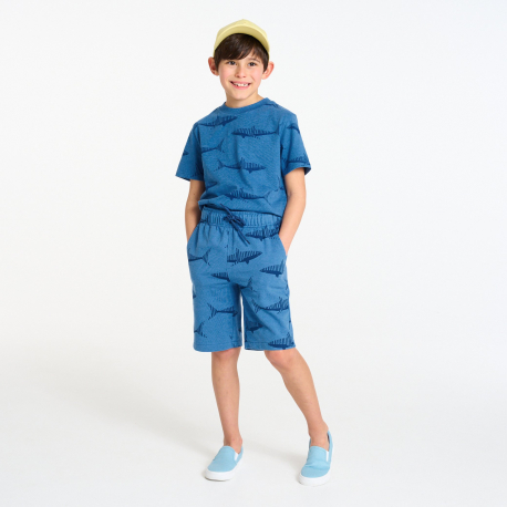 Okaidi Boy&#039;s blue shark print brushed cotton Bermuda shorts