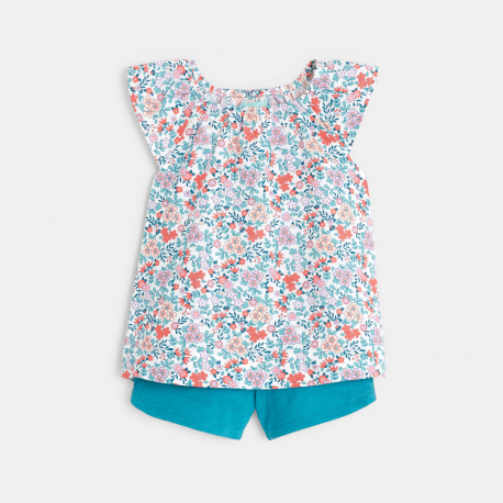 Obaibi Blouse fleurie et short bleu bebe fille