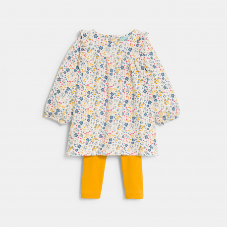 Obaibi Robe fleurie a volants et legging jaune bebe fille