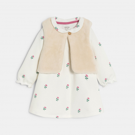 Obaibi Robe velours roses et gilet sherpa blanc bebe fille