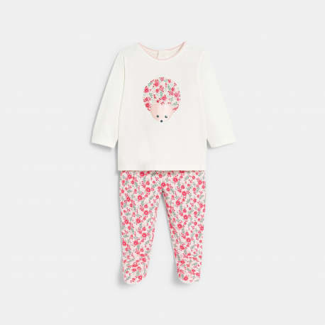 Obaibi Pyjama jersey herisson fleuri blanc bebe fille