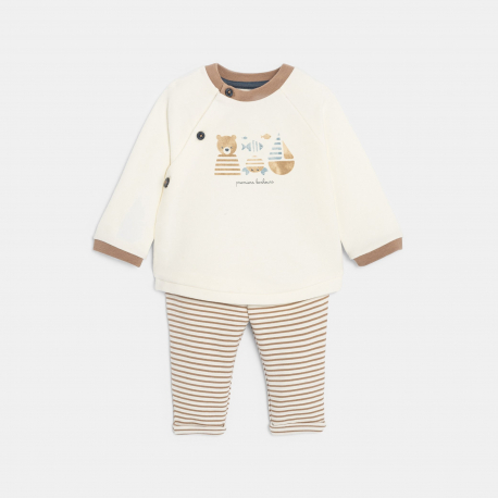 Obaibi Sweat molleton et pantalon raye beige bebe garcon