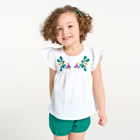 Obaibi Tee-shirt brode toucan blanc et short maille vert bebe fille