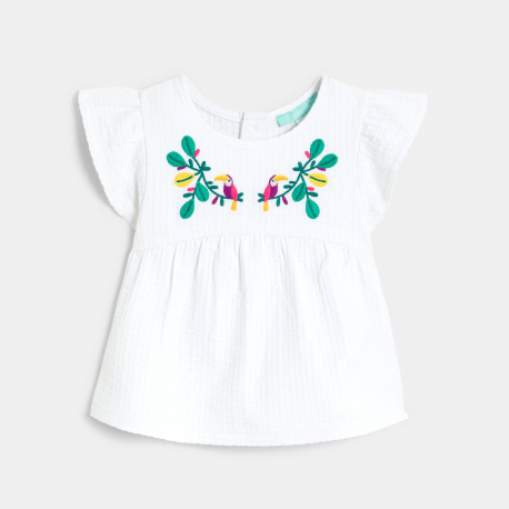 Obaibi Tee-shirt brode toucan blanc et short maille vert bebe fille