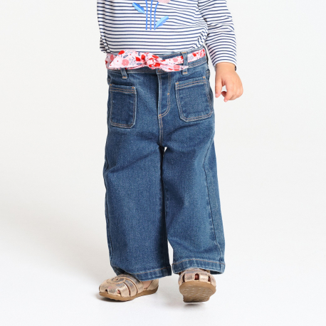 Obaibi Παντελόνι φαρδύ από τζιν ύφασμα με φλοράλ ζώνη τζιν μπλε για μωρά κοριτσάκια