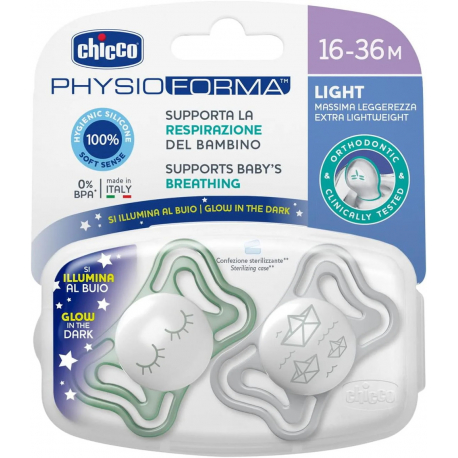 Πιπίλα για τη νύχτα Chicco PhysioForma Light 16-36m, σετ των 2