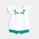 Obaibi Tee-shirt brode toucan blanc et short maille vert bebe fille