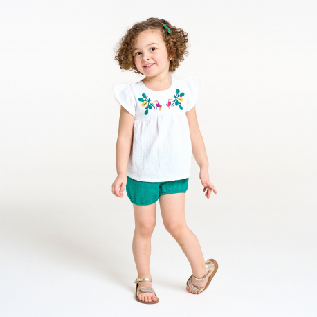 Obaibi Tee-shirt brode toucan blanc et short maille vert bebe fille