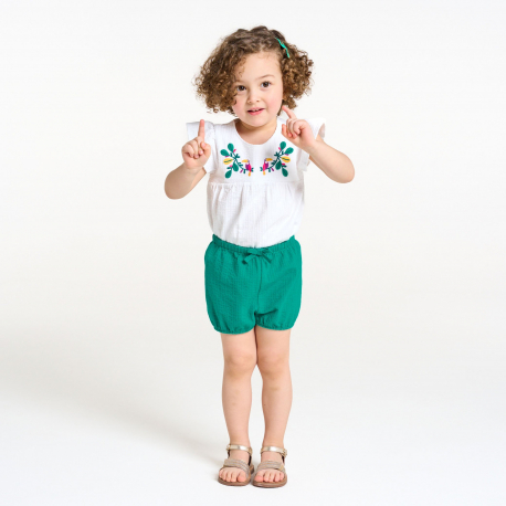 Obaibi Tee-shirt brode toucan blanc et short maille vert bebe fille