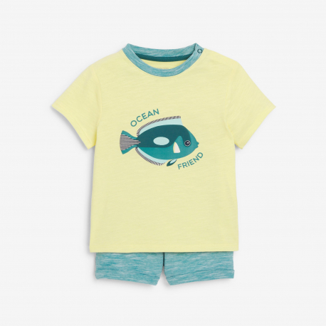 Obaibi T-shirt poisson et short en maille fantaisie bleu garcon